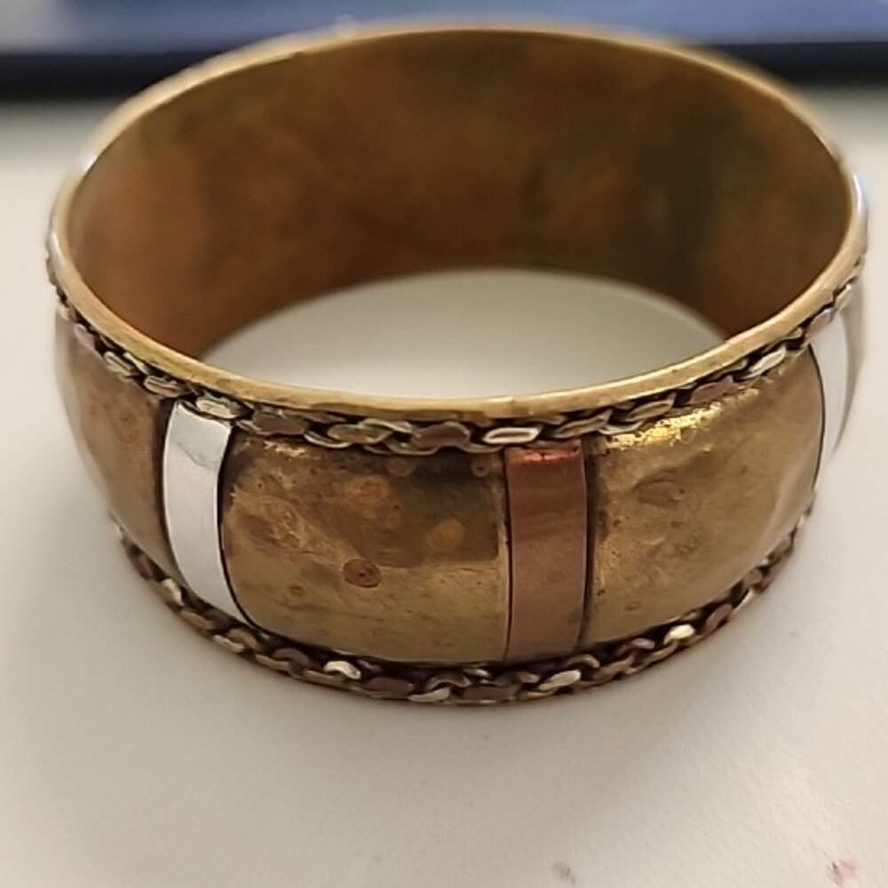 Vintage Mixed Metal Copper Brass Silver Hammered Braided Bracelet 8"